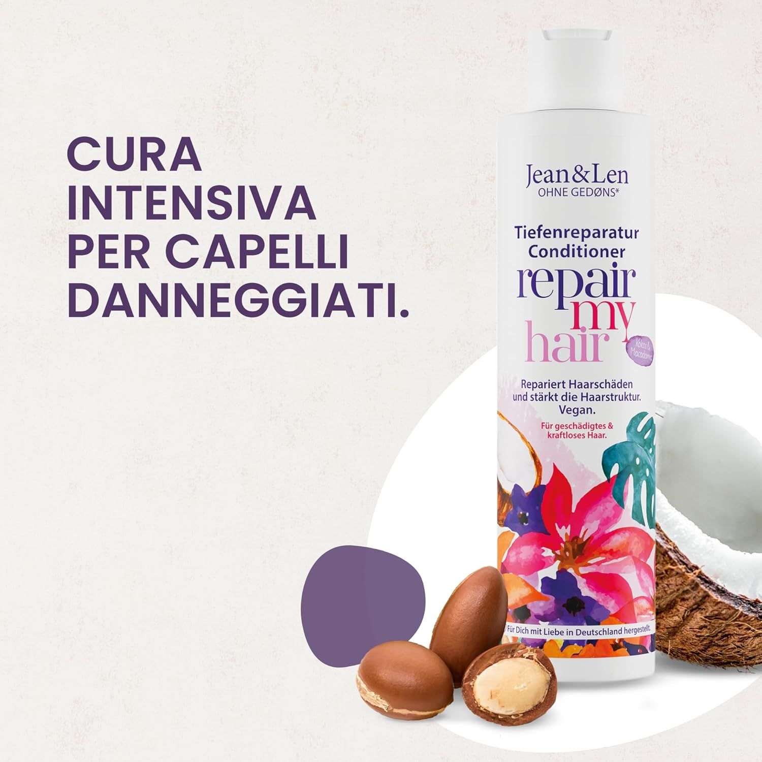 Flacone di balsamo, cocco, noci di argan. Testo: Cura intensiva per capelli danneggiati.