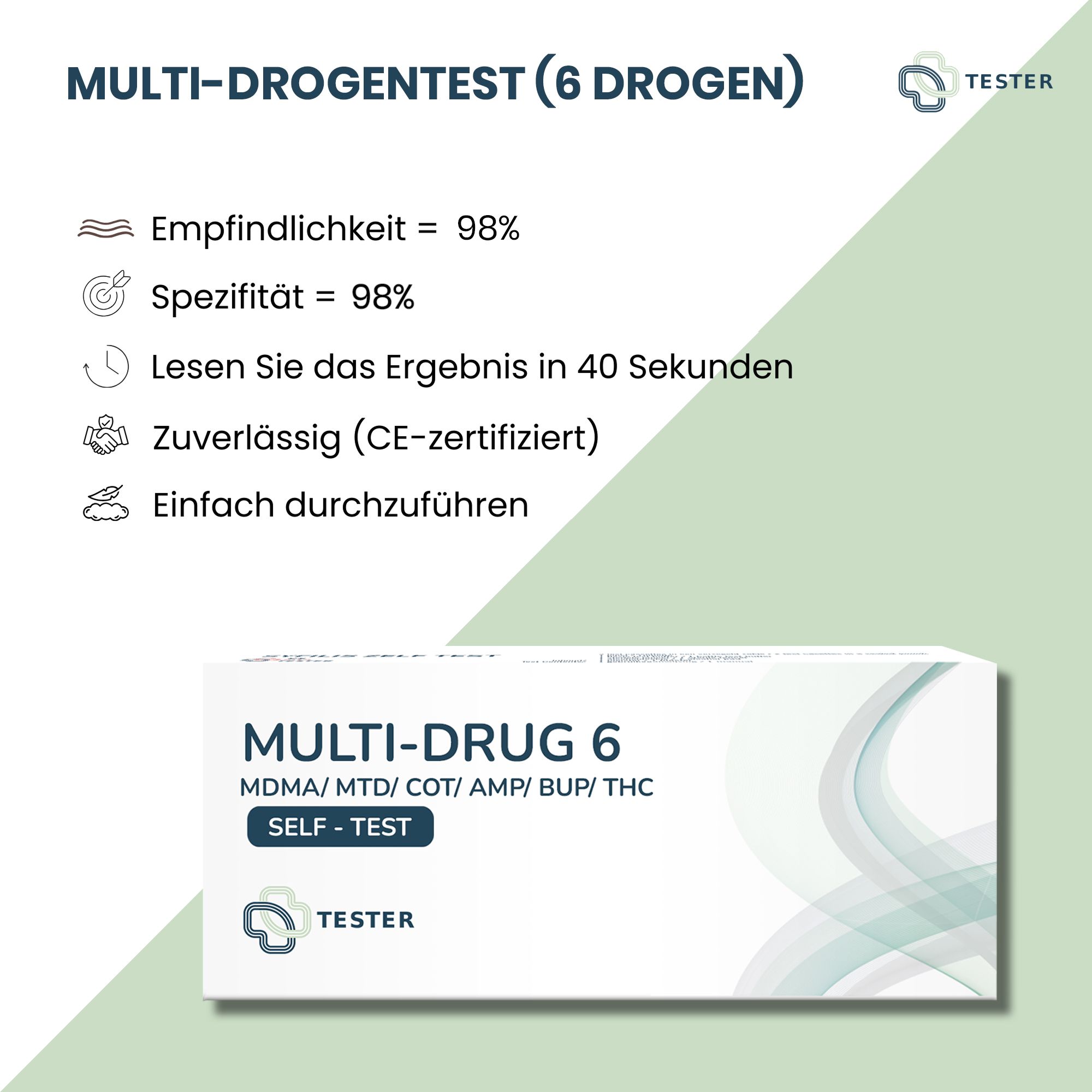 Multi-test antidroga (6 droghe) con testo: Sensibilità = 98%, Specificità = 98%, risultato in 40 secondi, affidabile (certificato CE), facile da eseguire.