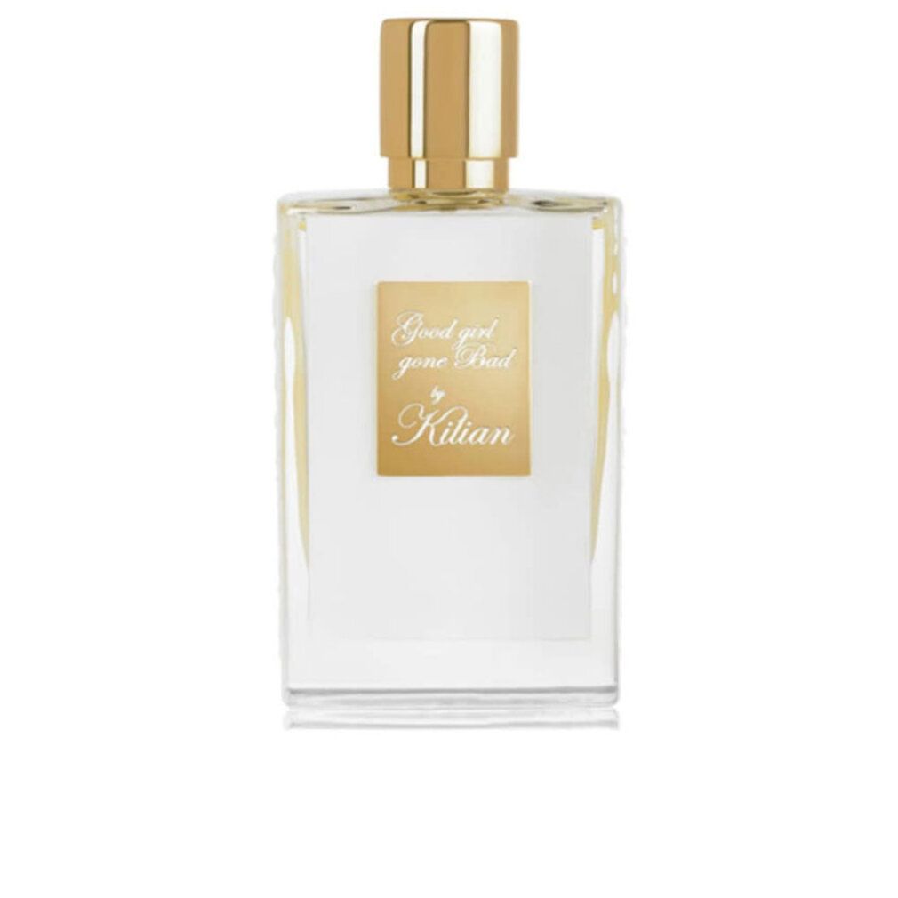 Flacone di profumo rettangolare con tappo dorato. Etichetta con nome prodotto e marchio.