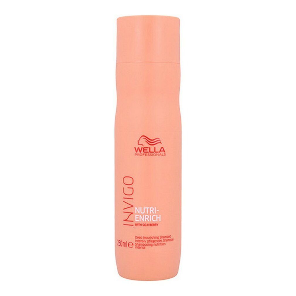 Shampoo Wella Invigo Nutri-Enrich. Flacone arancione con tappo bianco. Scritte: Invigo, Nutri-Enrich, 250ml.