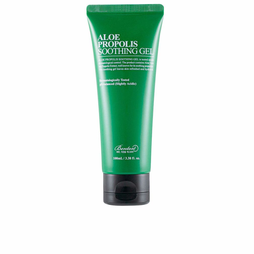 Tubo verde con tappo nero. Scritta: Aloe Propolis Soothing Gel. Marchio Benton. Testo: Dermatologicamente testato, pH bilanciato.