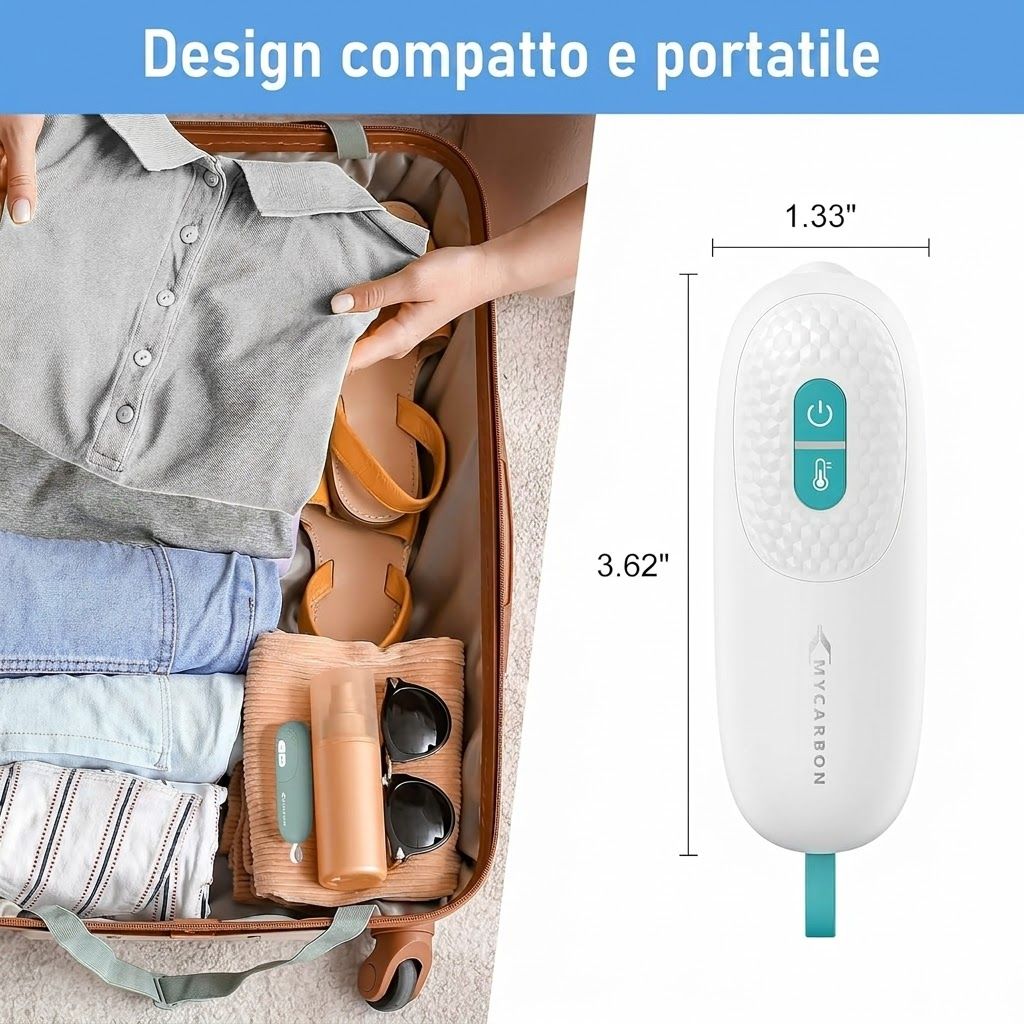 Dispositivo bianco ovale con laccetto blu. Dimensioni: 3,62 x 1,33 pollici. Scritta: MYCARBON.