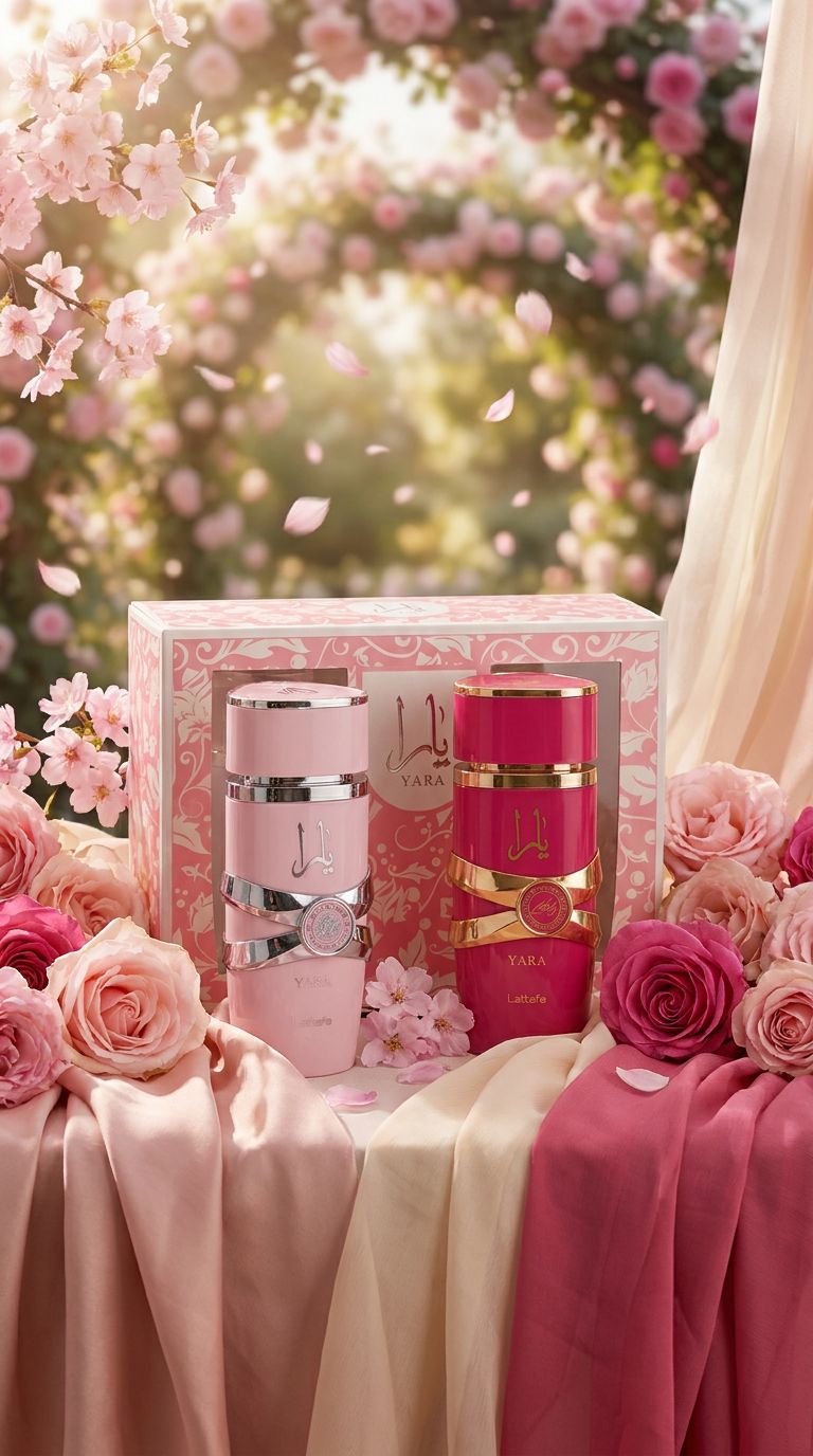 Due flaconi di profumo Yara, uno rosa e uno fucsia, in una confezione regalo, circondati da rose.