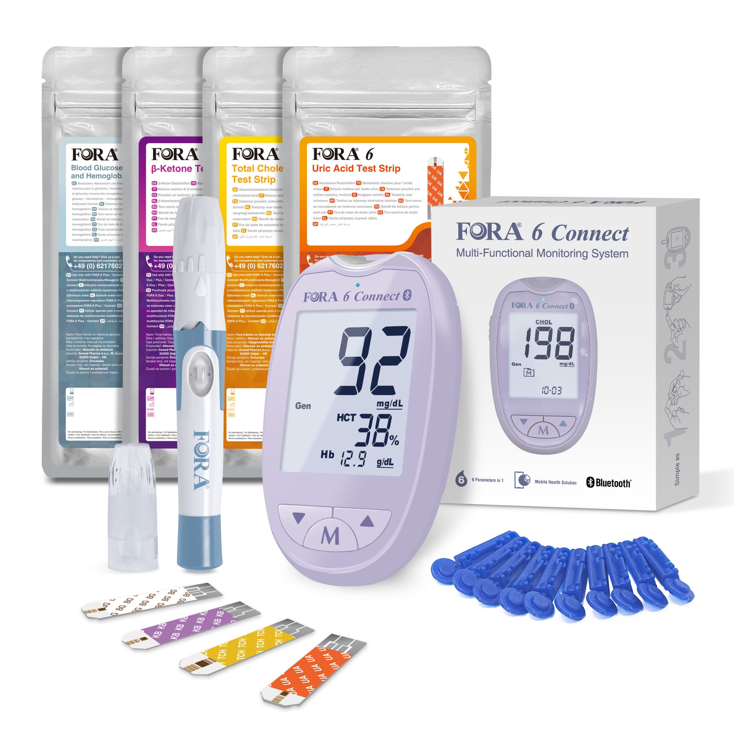 Kit iniziale FORA 6 Connect. Misuratore glicemia, strisce reattive, pungidito, lancette e confezioni. Dispositivo lilla con display. Diverse confezioni di strisce.