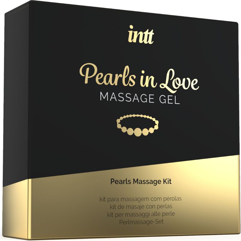Scatola nera e oro. Scritta: intt, Pearls in Love Massage Gel. Sottotitolo: Pearls Massage Kit.