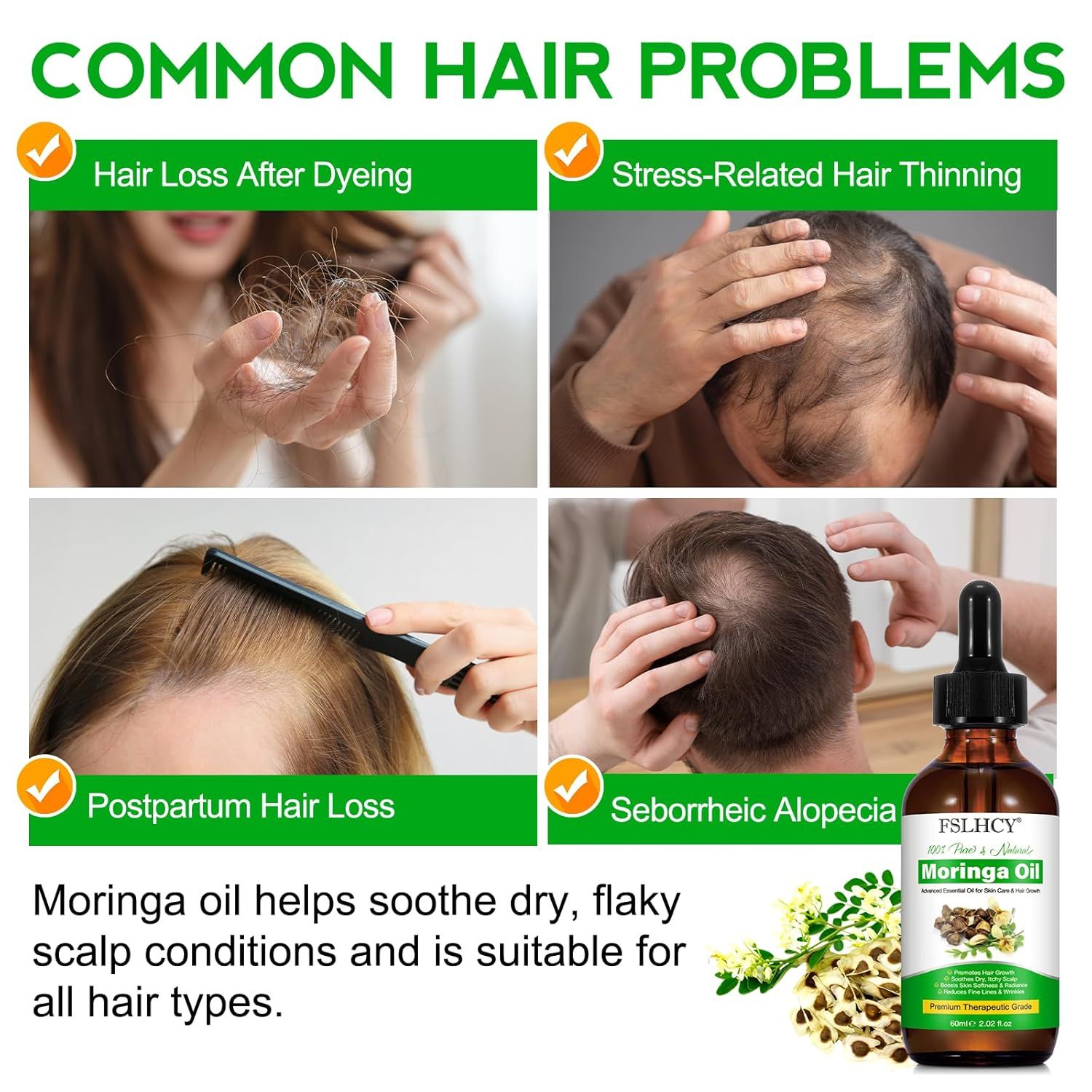 Flacone di olio di Moringa con immagini di problemi ai capelli. Scritta: Moringa Oil. Aiuta la caduta dei capelli, l'assottigliamento, la perdita post-partum.
