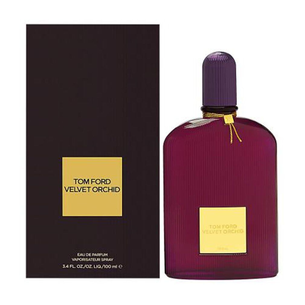 Flacone viola scuro con etichetta e tappo dorati. Confezione nera con logo dorato. Testo: Tom Ford Velvet Orchid.
