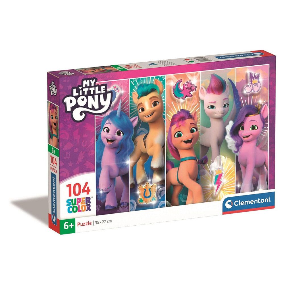 Puzzle Clementoni My Little Pony, 104 pezzi. Confezione con personaggi pony. Dimensioni: 38 x 27 cm. Puzzle Supercolor.