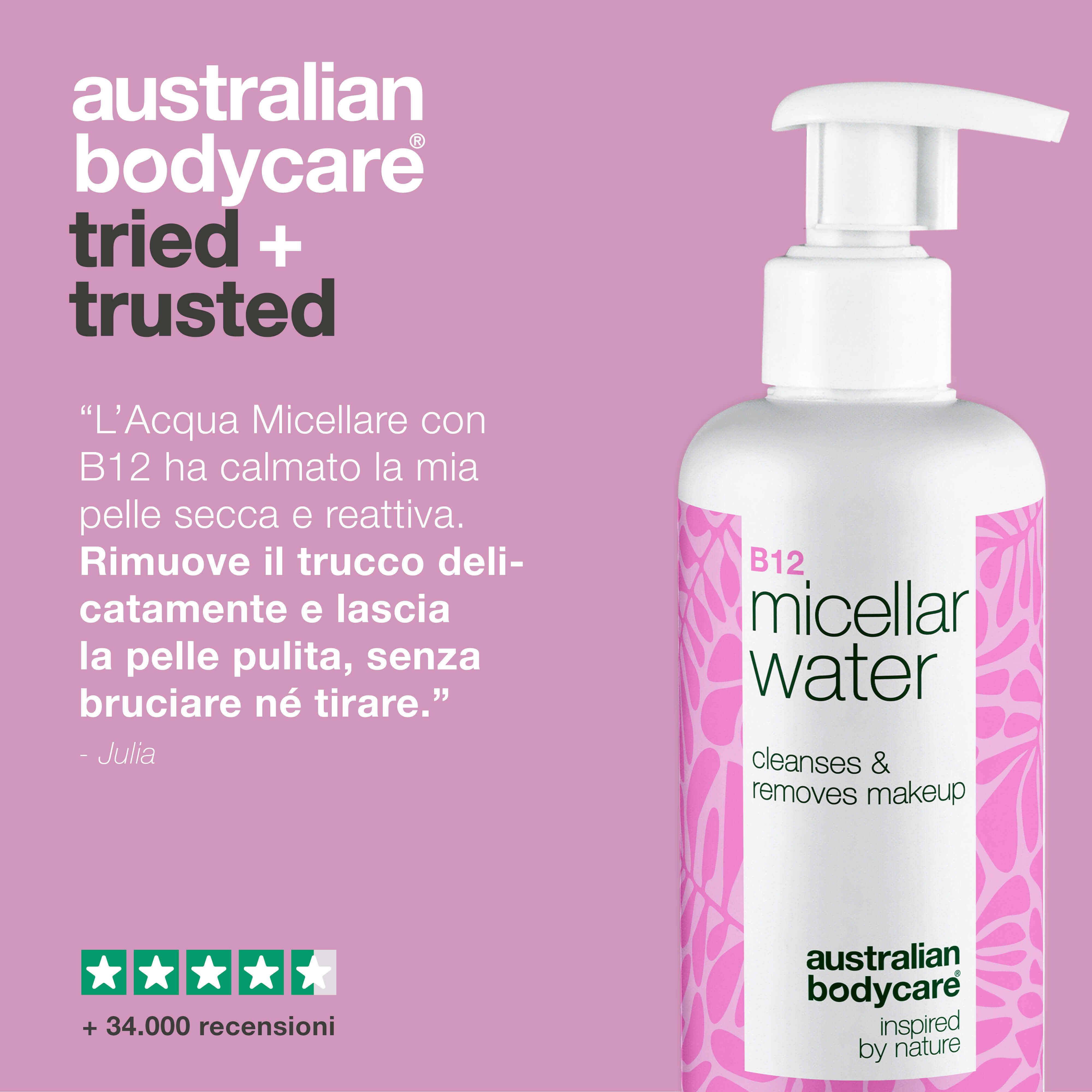 Flacone B12 Micellar Water. Citazione: Calma la pelle secca. Rimuove il trucco. Marchio: Australian Bodycare.