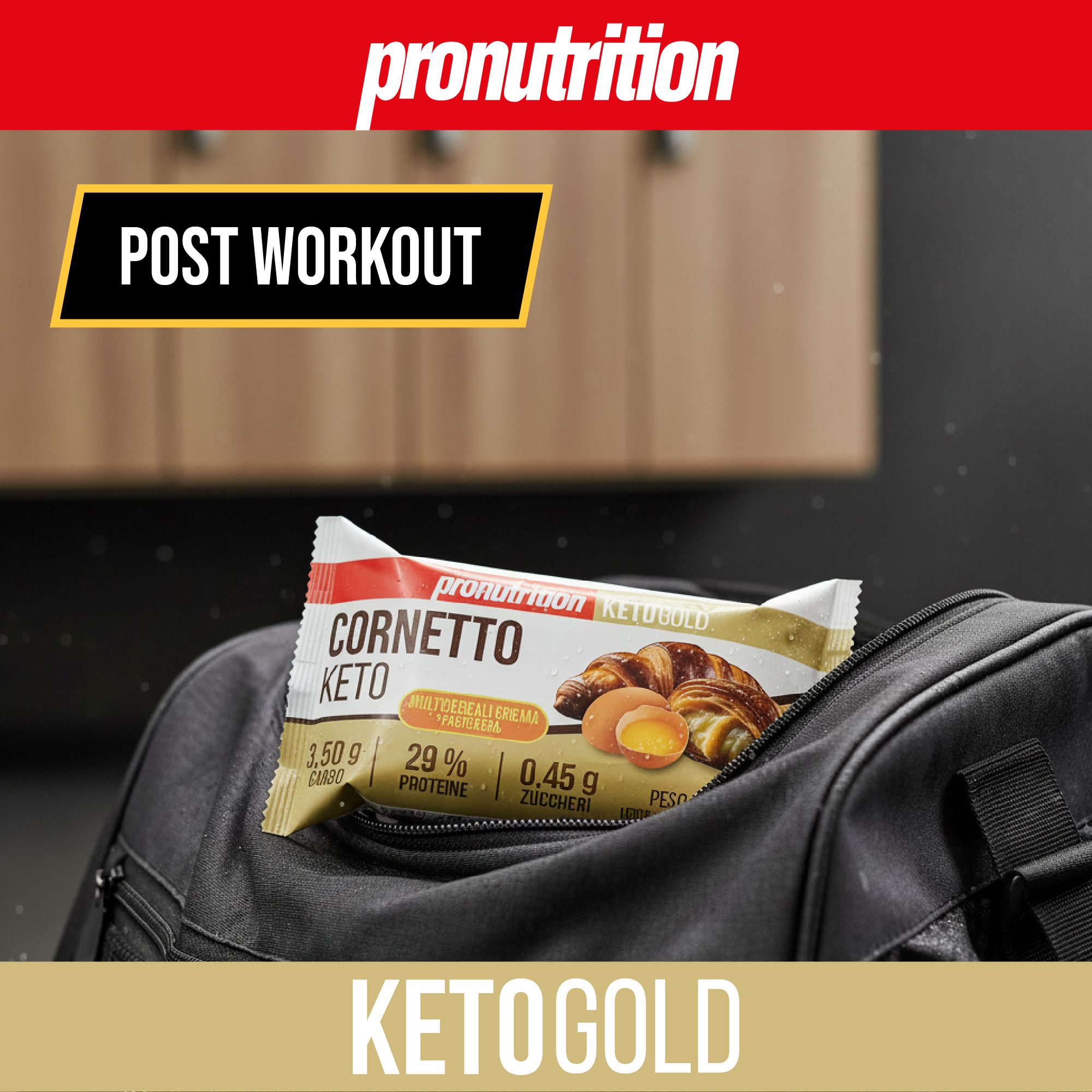 Confezione di Cornetto Keto in una borsa sportiva. Scritte: Pronutrition, KetoGold, Post Workout.