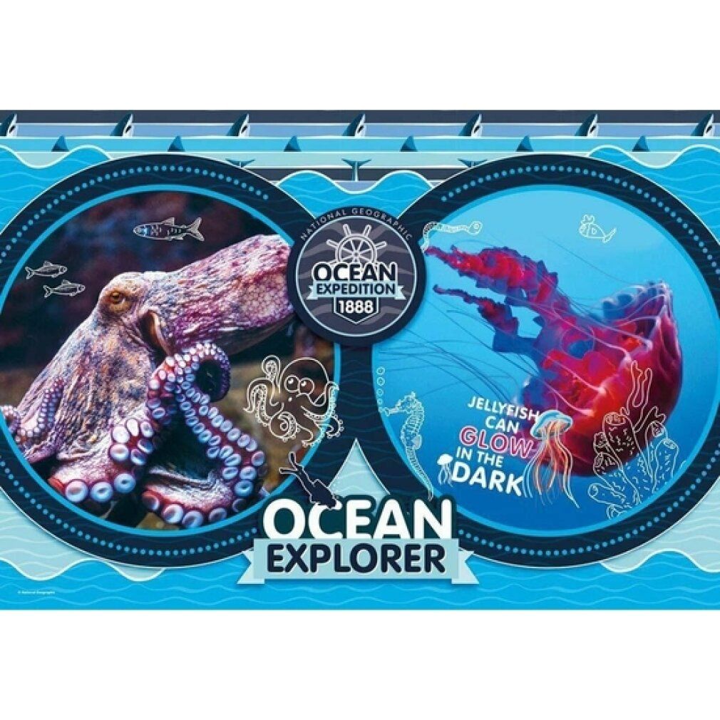Puzzle Clementoni, 180 pezzi, National Geographic Ocean. Polpo e medusa in cerchi blu. Testo: Ocean Explorer, Jellyfish can glow in the dark.