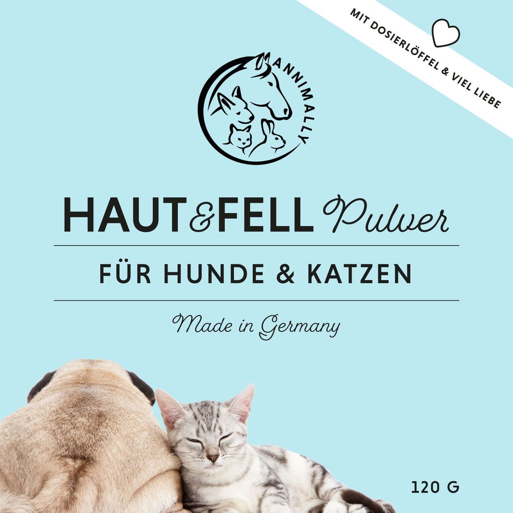 Sfondo blu con nome del prodotto Haut & Fell Pulver. Immagine di cane e gatto. Scritta: Per cani e gatti, 120 g.