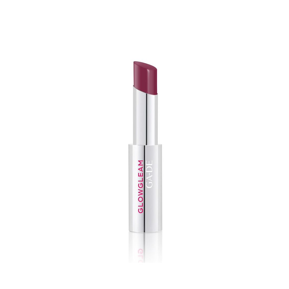 Rossetto aperto con custodia argentata. Il rossetto mostra un colore rosa. Il nome "GLOWGLEAM GA-DE" è visibile.