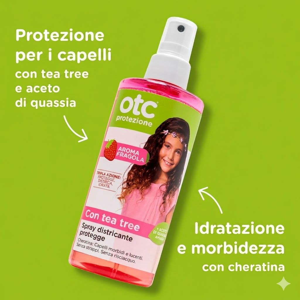 Flacone rosa con vaporizzatore. Prodotto OTC al profumo di fragola. Testo: Con tea tree. Spray districante protegge. Per capelli con olio di tea tree.