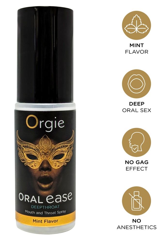 Flacone spray con icone. Scritte: Orgie, ORAL ease, Mouth and Throat Spray, Mint Flavor. Icone: menta, Deep Oral Sex, No Gag Effect, No Anesthetics.