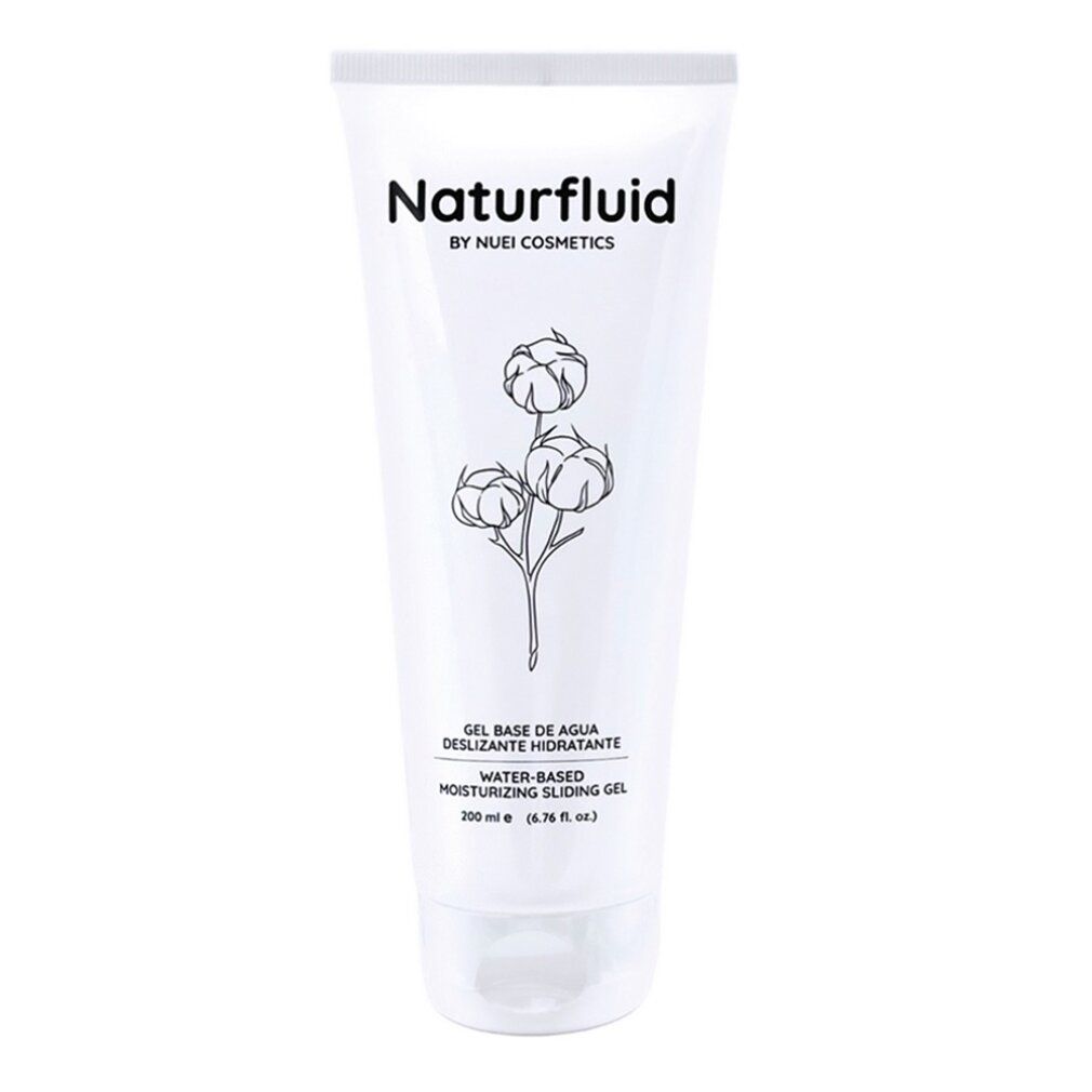 Tubo bianco Naturfluid. Illustrazione floreale e testo: Gel a base d'acqua idratante. 200 ml.