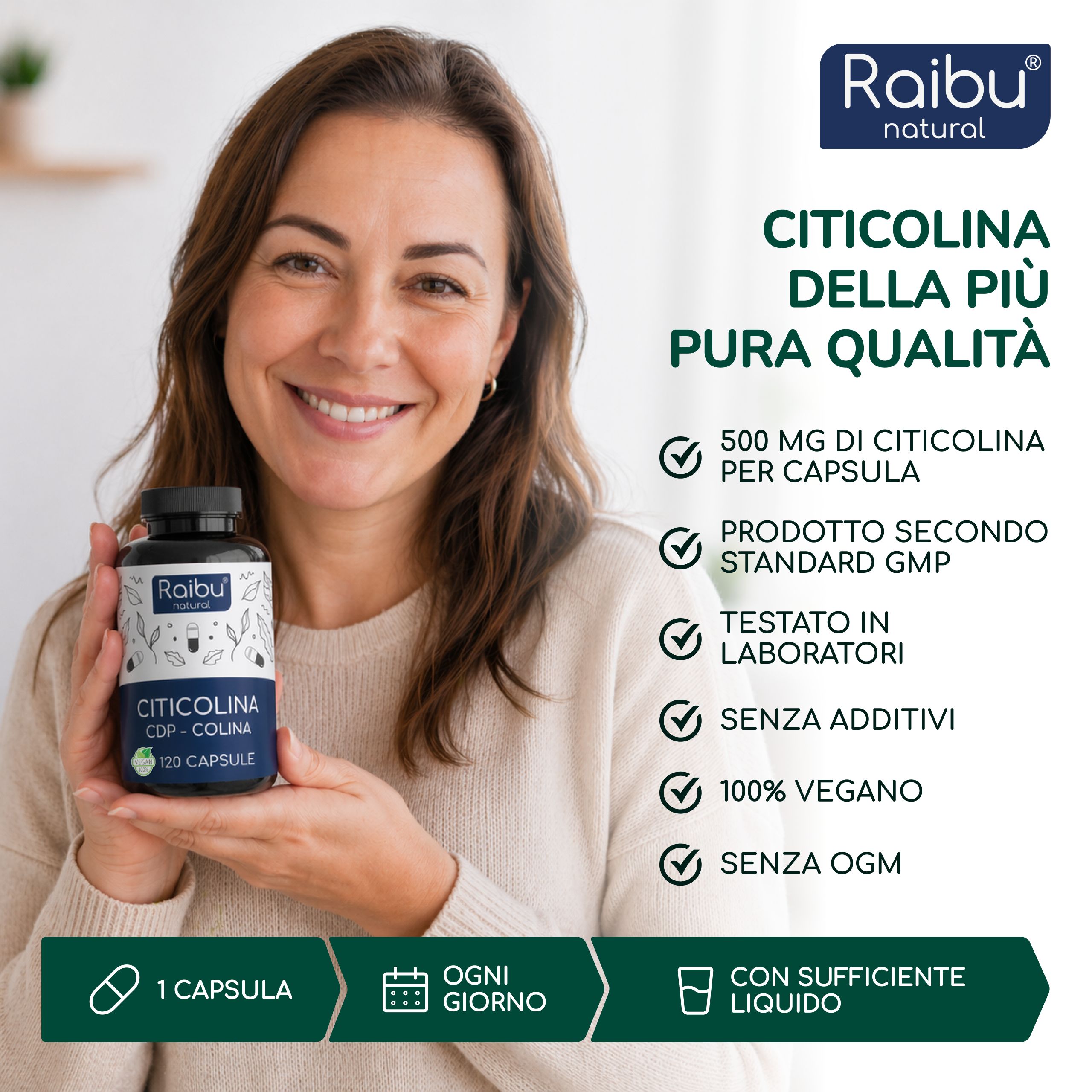 Citicolina CDP-Colina Pura 500 mg per Capsula - Memoria, Concentrazione e Funzione Cellulare - RAIBU