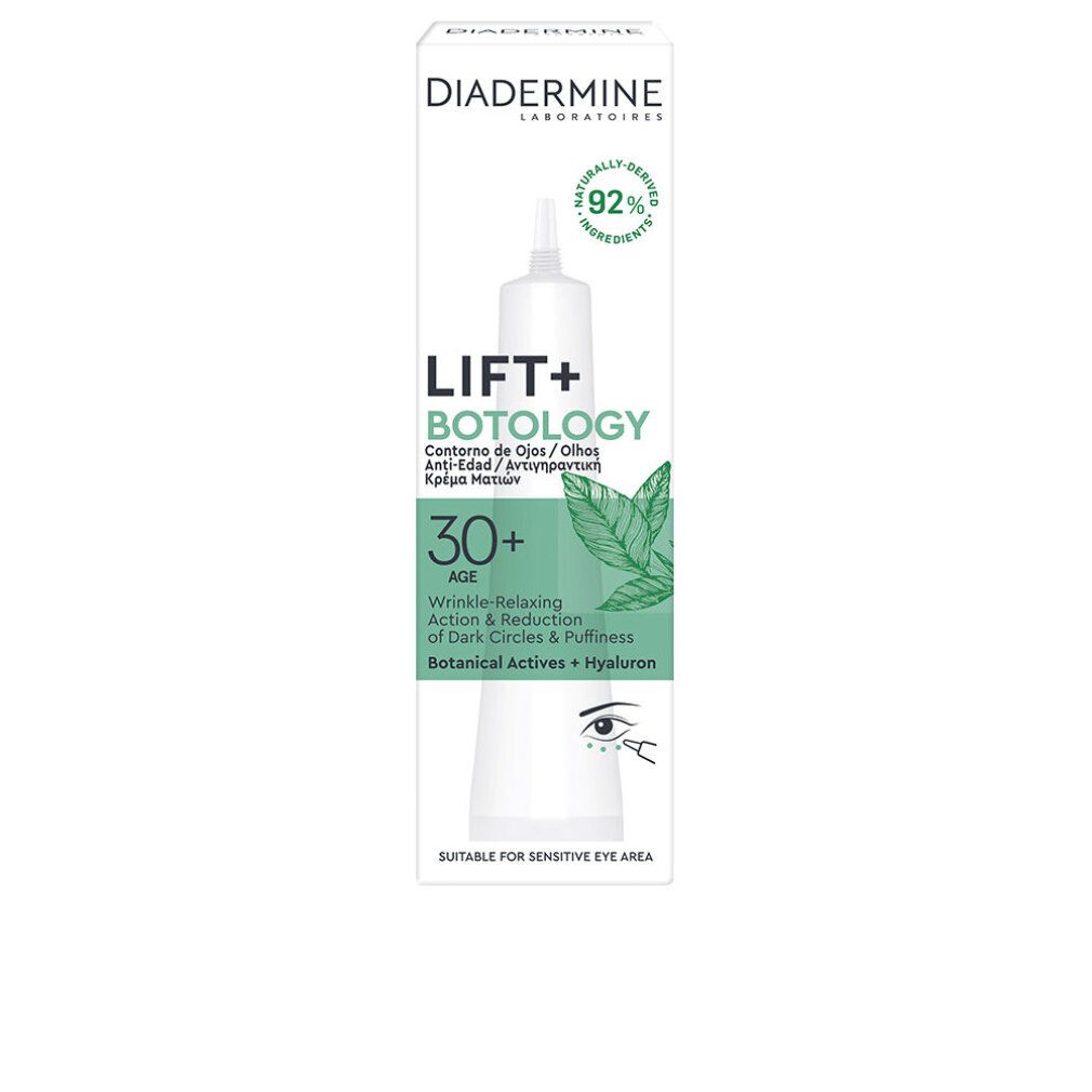 Diadermine Lift + Botology Eye Contour. Tubo bianco. Testo: 30+ AGE, Wrinkle-Relaxing Action & Reduction of dark circles & puffiness.