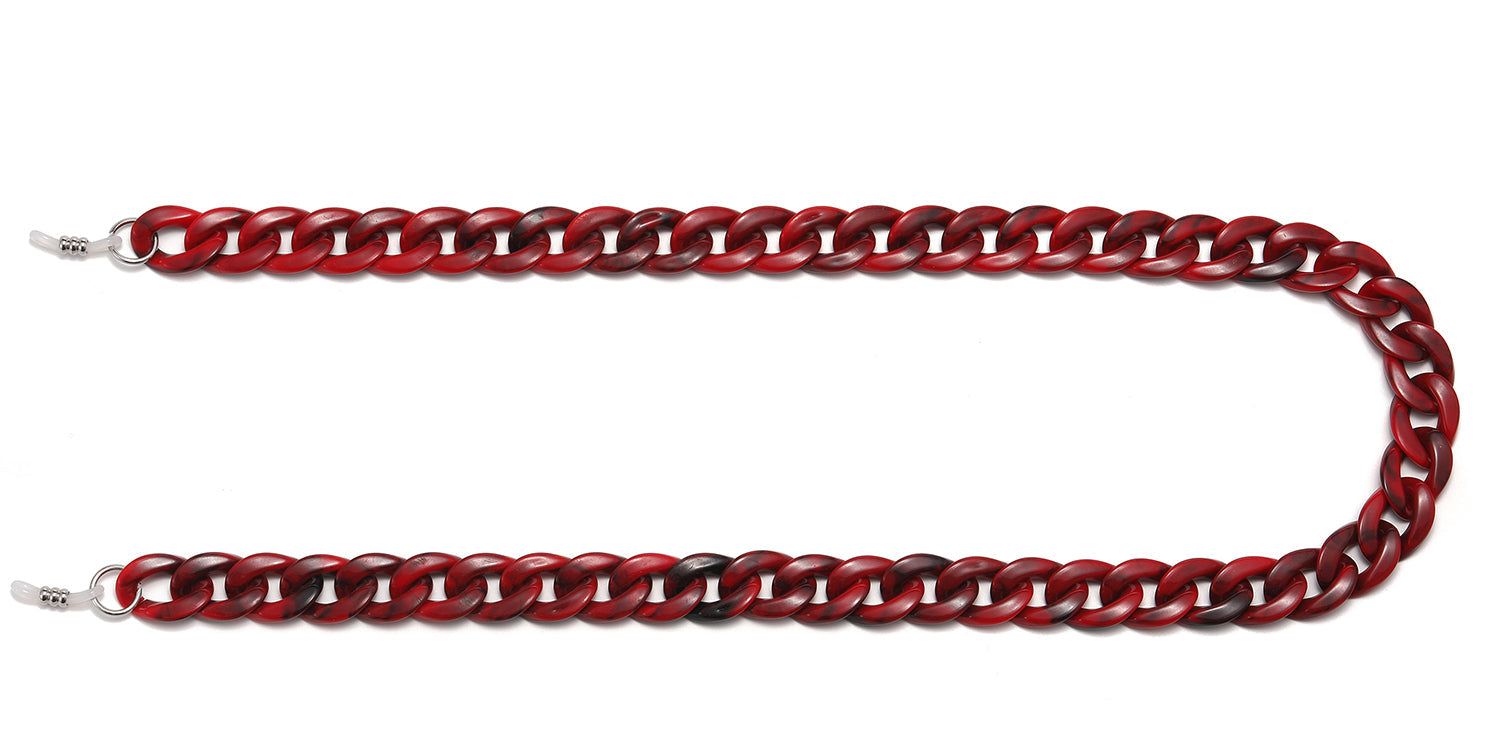 Catena per occhiali rosso-marrone, maglie della catena, anelli metallici. Per occhiali. Su sfondo bianco.