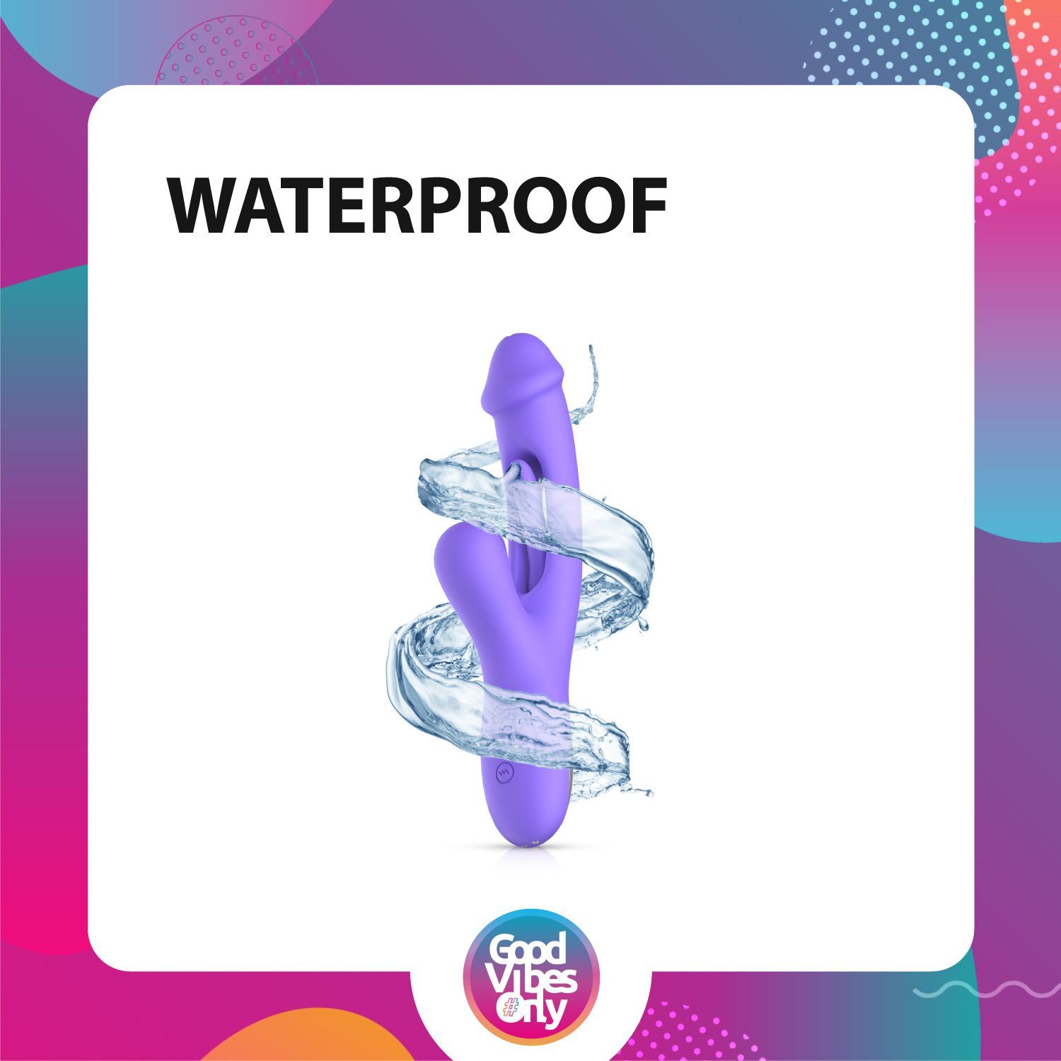 Vibratore viola circondato dall'acqua. Testo: Waterproof.