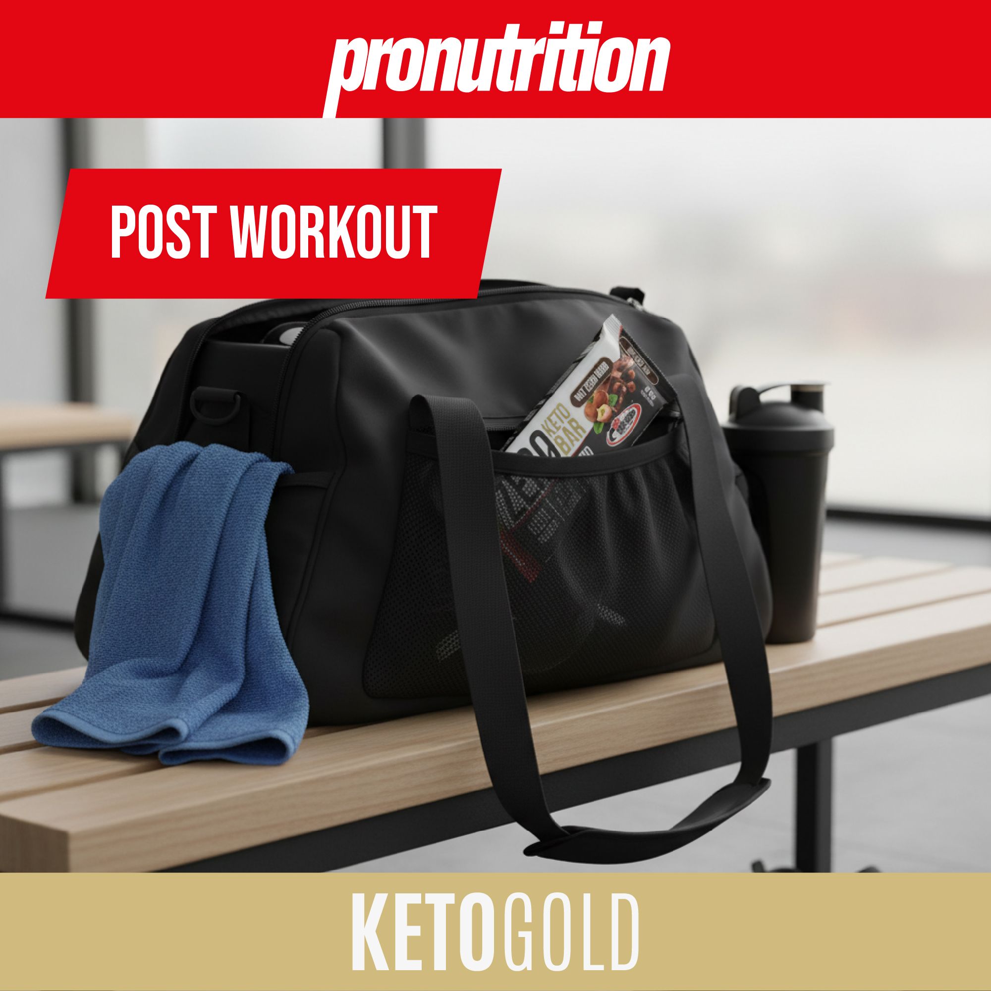 Barretta Keto in una borsa da palestra. Scritta: Zero Keto Bar. Contiene proteine, pochi carboidrati e senza glutine.