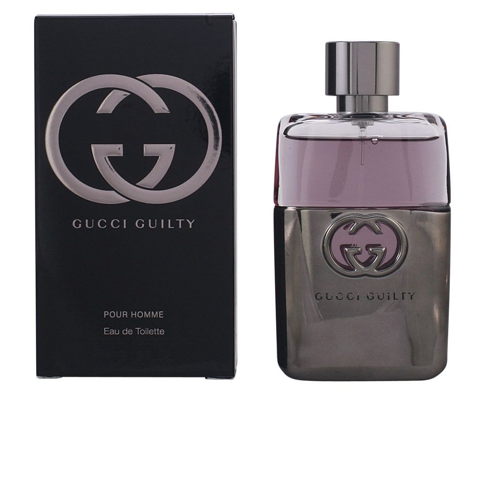 GUCCI Guilty Homme Eau de Toilette. Flacone e confezione. Confezione nera con logo. Flacone grigio con tappo argentato.