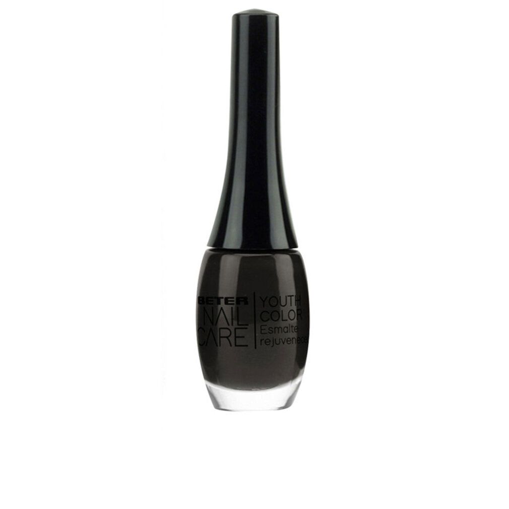 Flacone di smalto Midnight Black. Flacone nero con tappo nero. Scritta: Beter Youth Nail Care.