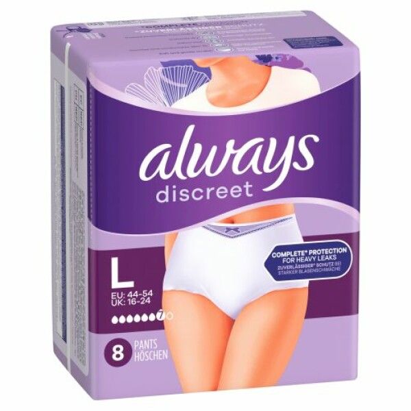 Always Discreet Pants L. Confezione da 8 mutandine. Immagine di una mutandina bianca sulla confezione.