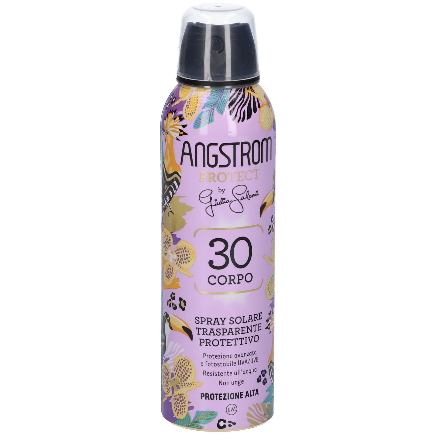 Spray Angstrom Protect, flacone lilla con illustrazioni di uccelli. Testo: 30 Corpo, Spray Solare Trasparente Protettivo. SPF30.