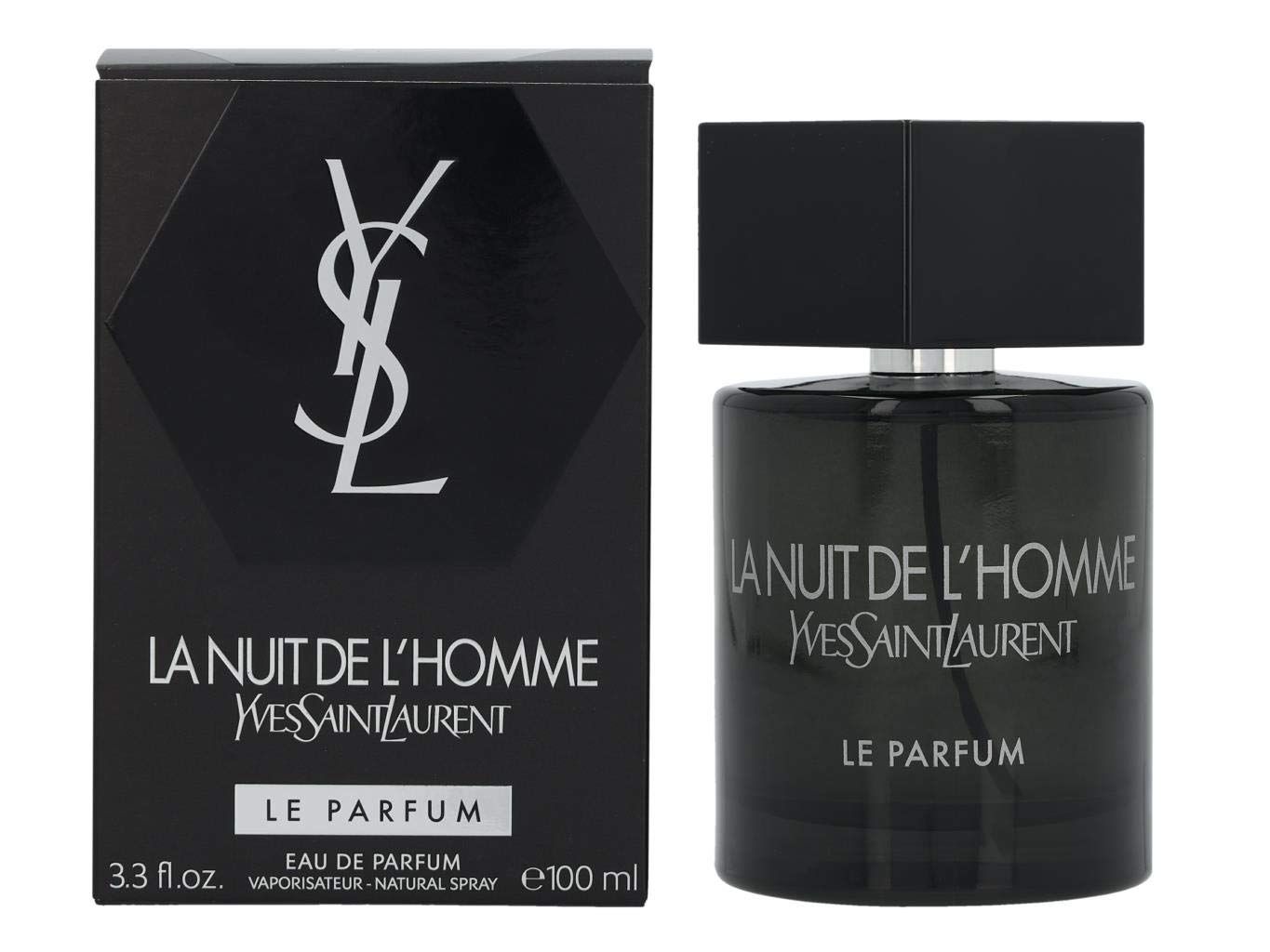Flacone e confezione neri. Scritta: LA NUIT DE L'HOMME, LE PARFUM. Logo YSL. Flacone con tappo nero.