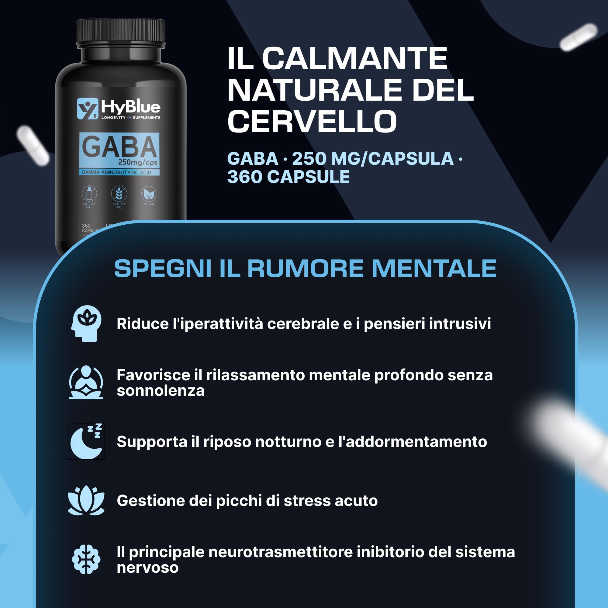 Flacone nero HyBlue GABA 250 mg/capsula, 360 capsule.