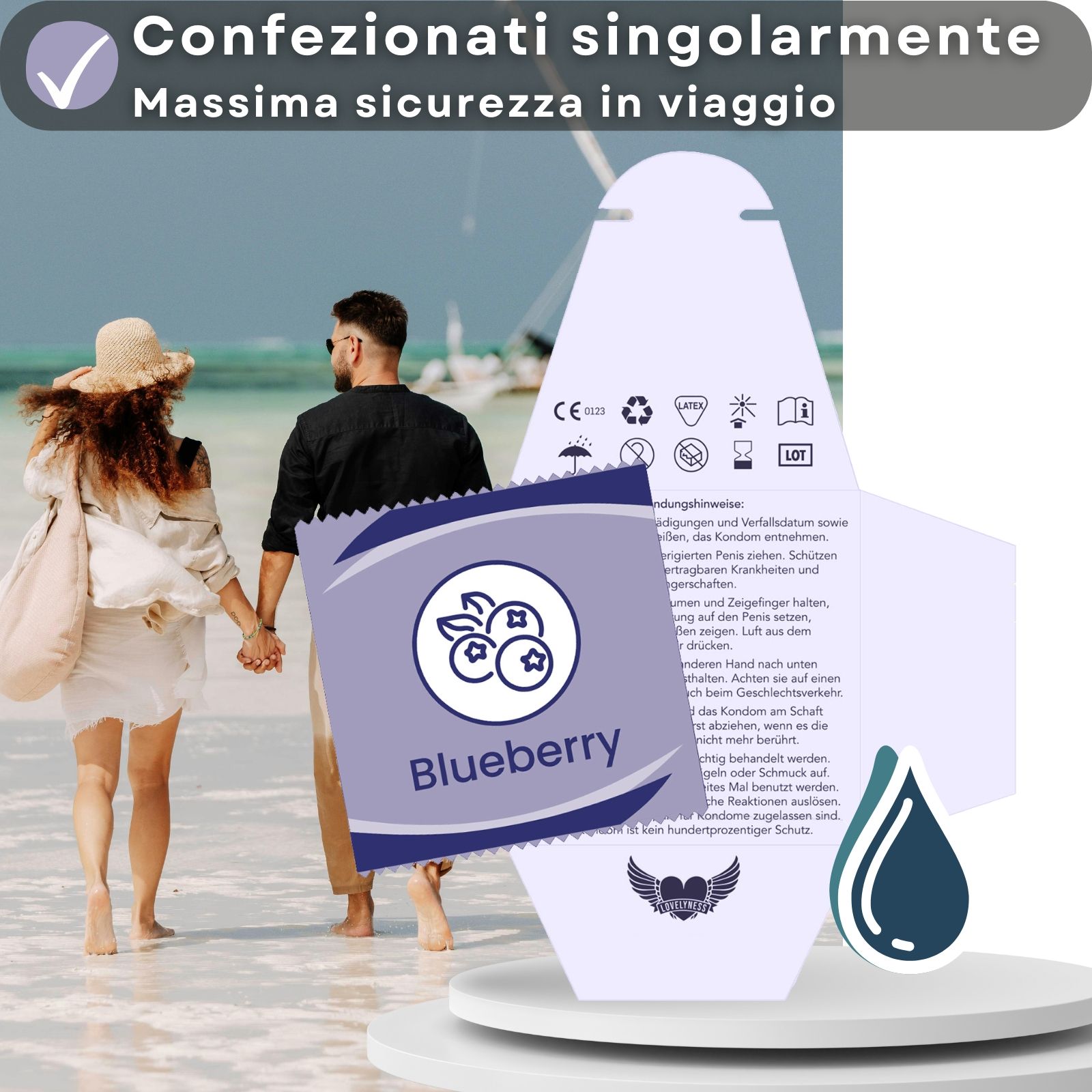 Preservativi gusto mirtillo, lunghezza 190 mm, larghezza nominale 52 mm.