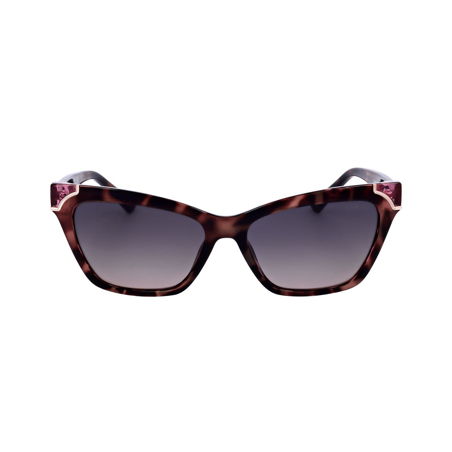 Occhiali da sole cat-eye tartarugati con lenti sfumate e accenti rosa sulle aste.