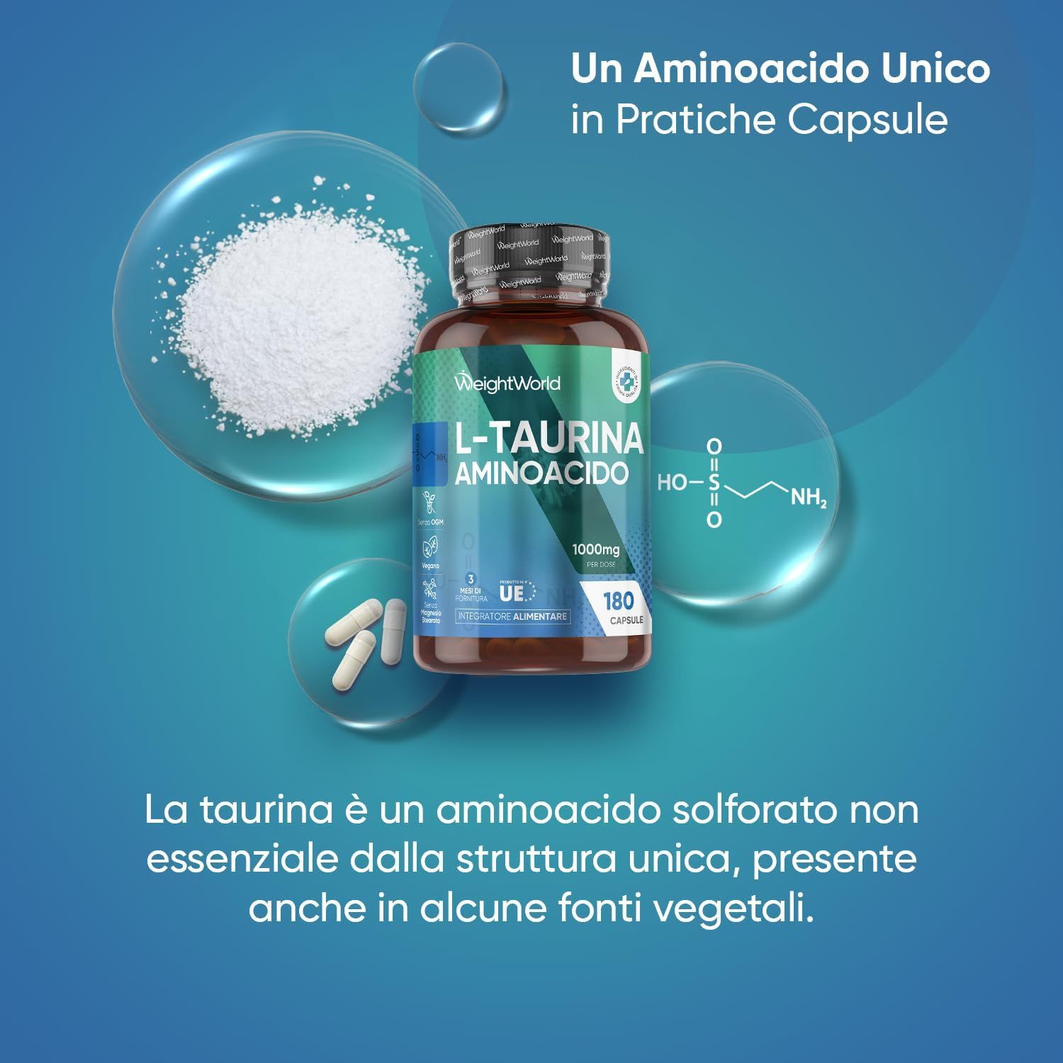Capsule, polvere e formula chimica. Testo: Un aminoacido unico in pratiche capsule.