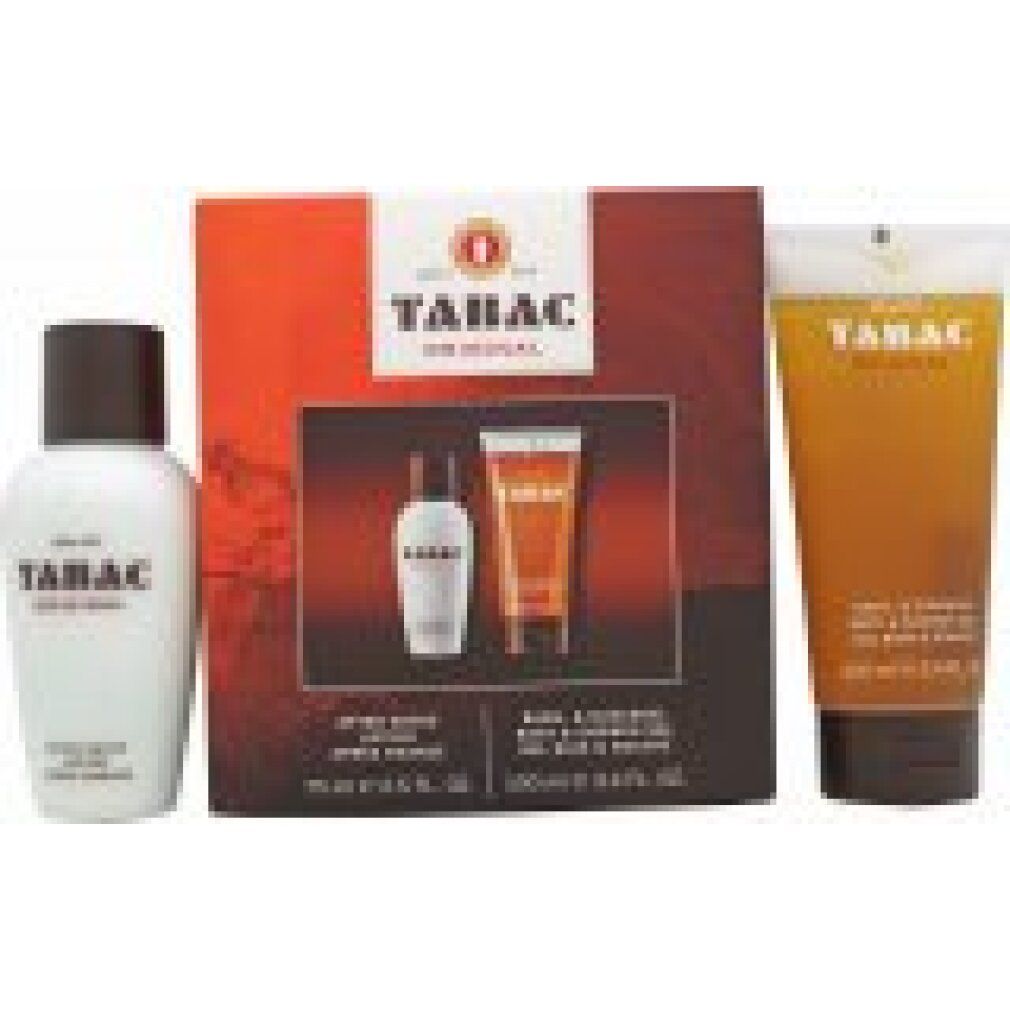 Set regalo Tabac Original con dopobarba bianco, gel doccia marrone e confezione. Logo Tabac Original.