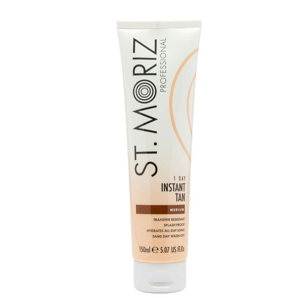 Tubo di St. Moriz Professional 1 Day Instant Tan Medium. Sfumatura bianco-marrone, nome e dettagli del prodotto.