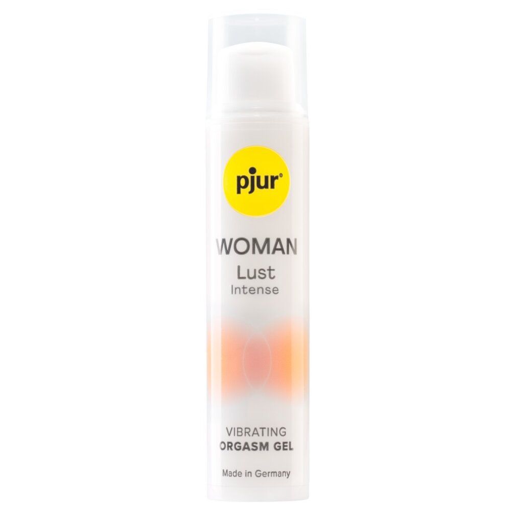 Flacone bianco con logo e nome del prodotto. Testo: WOMAN Lust Intense, Vibrating Orgasm Gel, Made in Germany.