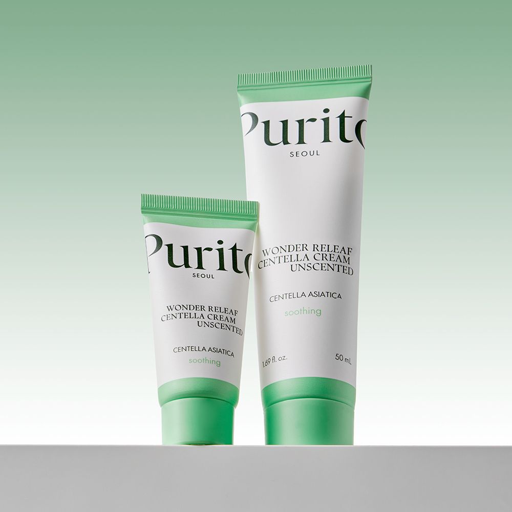 Due tubi di crema bianchi e verdi. Scritta: Purito, Wonder Releaf Centella Cream Unscented. Centella Asiatica, soothing.