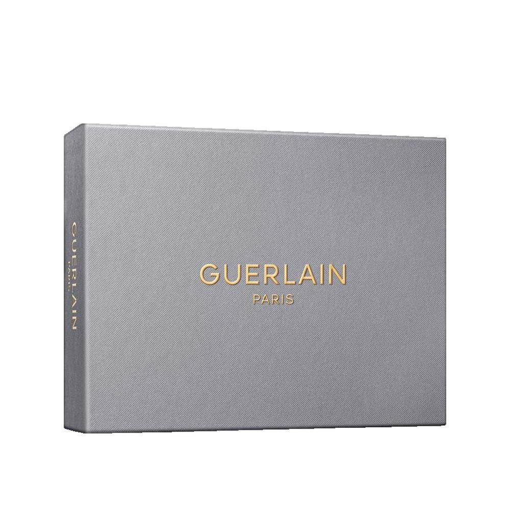 Confezione regalo rettangolare grigia. Scritta dorata Guerlain Paris. Guerlain sul lato.
