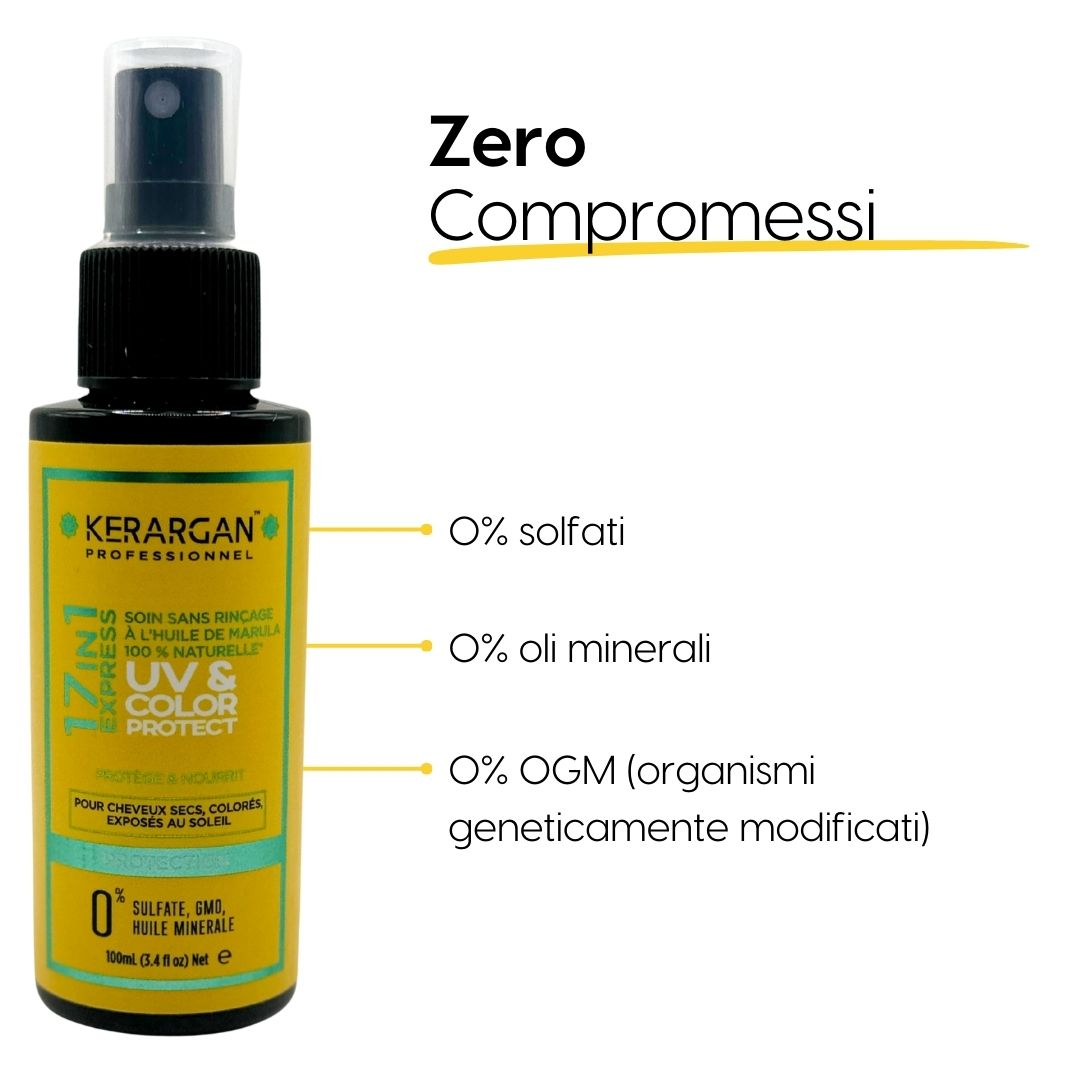 Kerargan UV & Color Protect. Flacone spray. Testo: 0% solfati, oli minerali, OGM. Etichetta gialla.