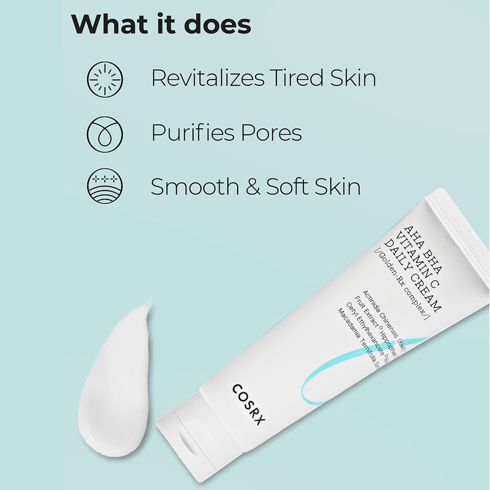 Testo dei benefici della crema: Rivitalizza la pelle stanca, purifica i pori, pelle liscia.