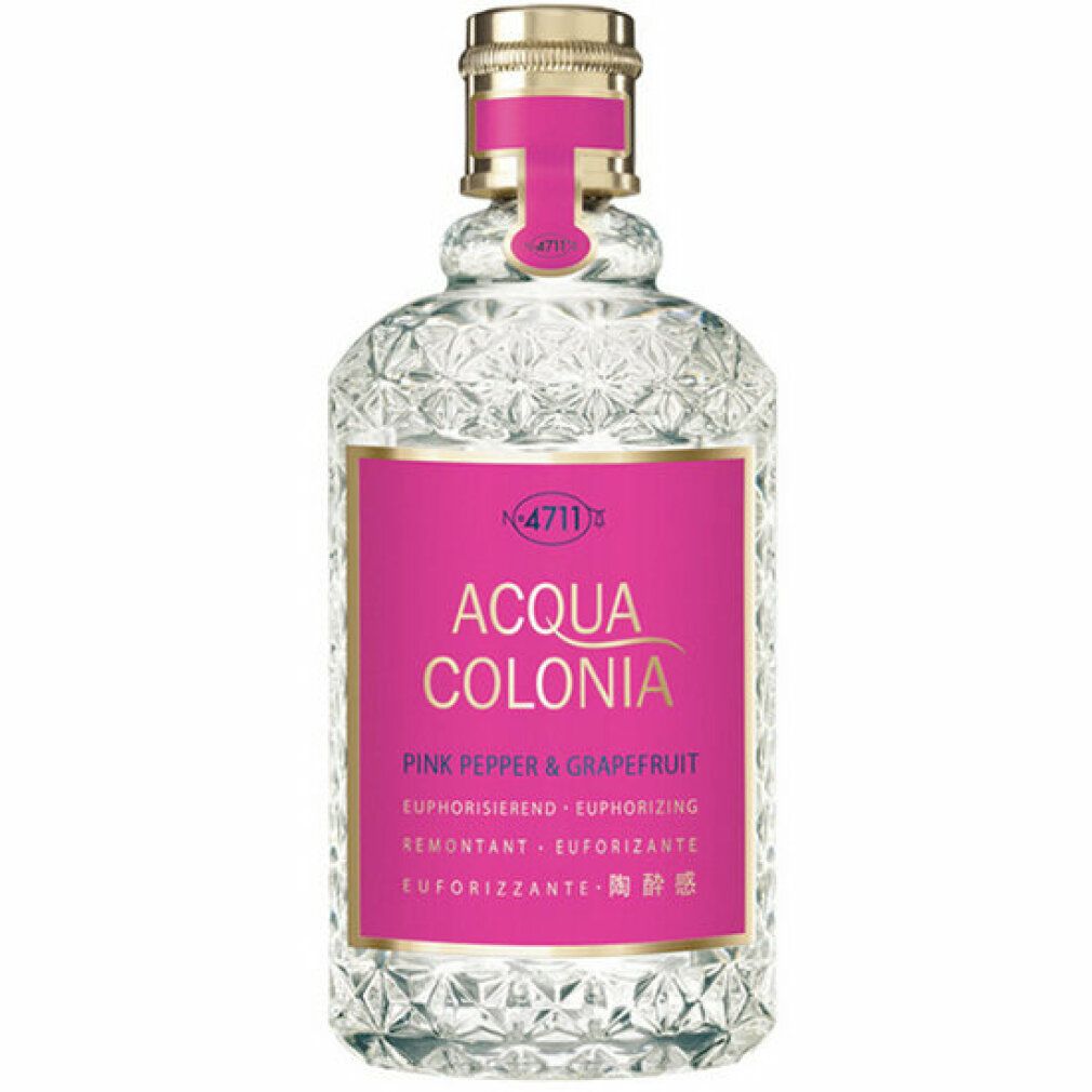 Flacone di vetro con etichetta rosa. Tappo dorato. Scritta: ACQUA COLONIA Pink Pepper & Grapefruit.