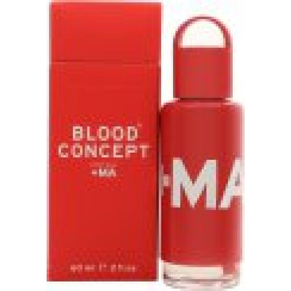 Scatola e flacone rossi. 'BLOOD CONCEPT -MA' sulla scatola. Flacone con '+MA'.