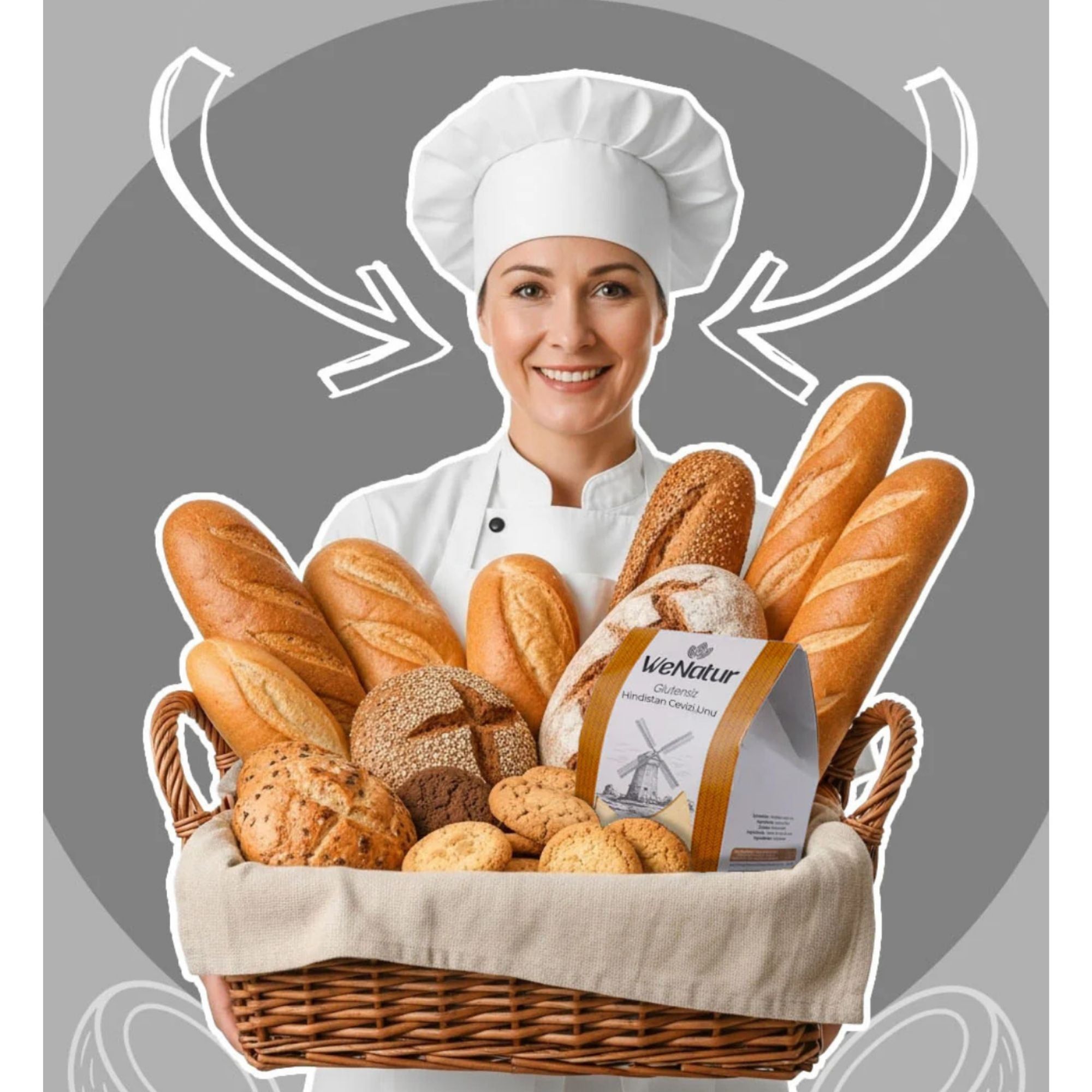 Panettiera con un cesto di pane e panini, con una confezione di farina di cocco.
