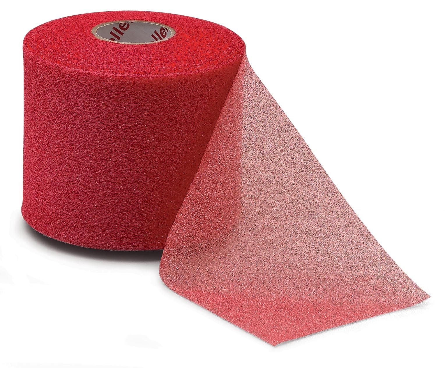 Rotolo di bendaggio M-Wrap rosso, parzialmente srotolato. Scritta: Mueller. Materiale: schiuma.