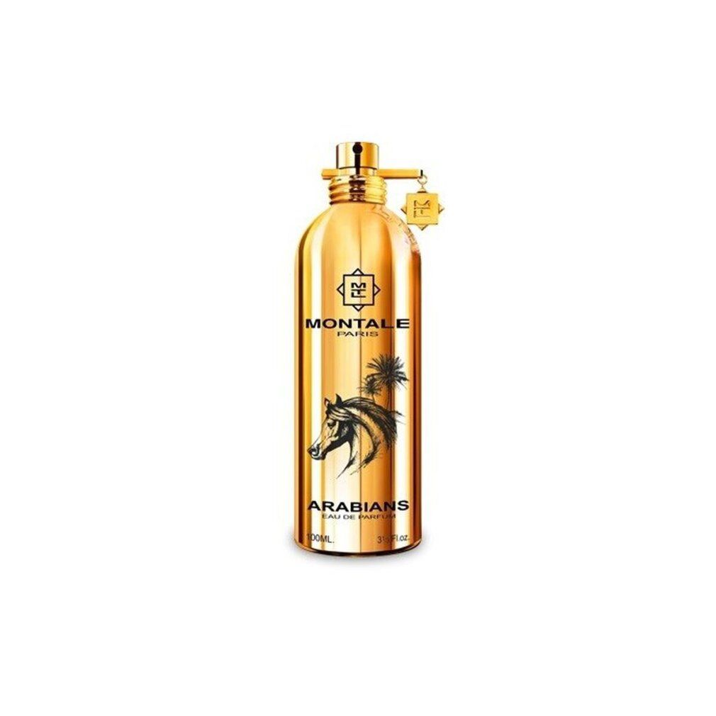 Flacone dorato con stampa e ciondolo. Scritta: MONTALE PARIS, ARABIANS.