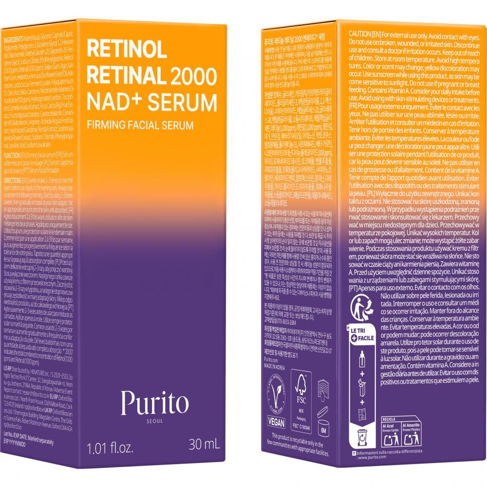 Confezione Purito Retinol Retinal 2000 NAD+ Serum Firming Facial Serum, 30 ml.