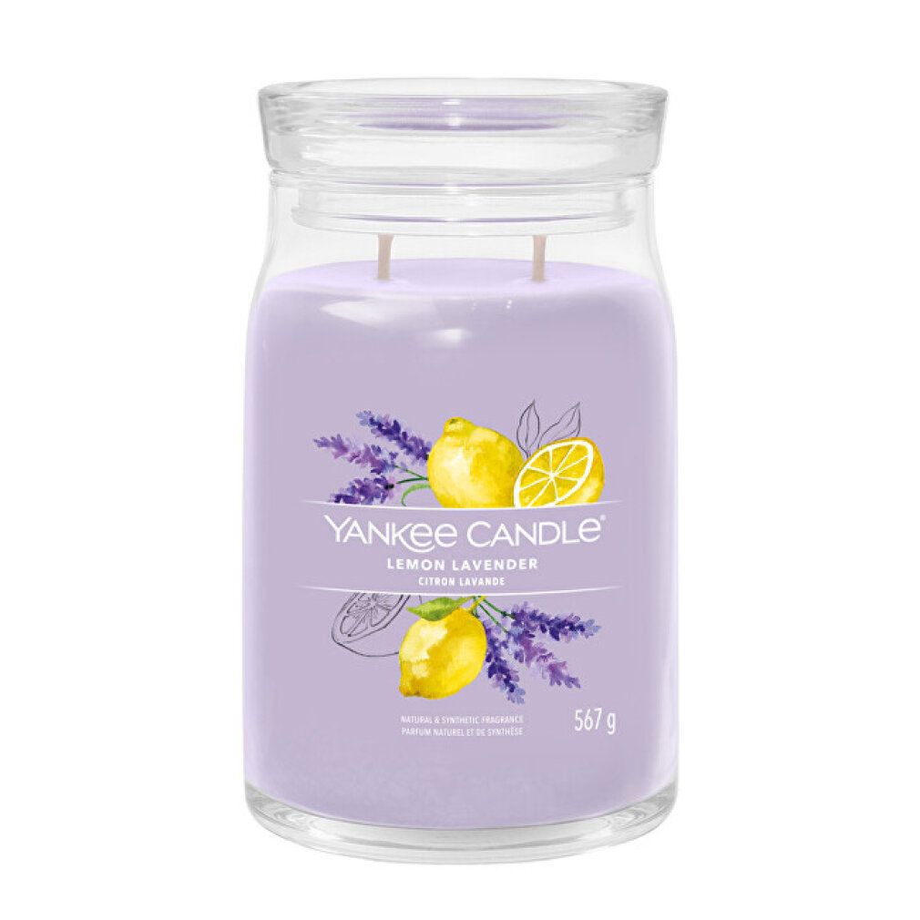 Yankee Candle Lemon Lavender, vaso grande. Candela lilla in vetro con coperchio. Stampa limoni e lavanda. 567 g.