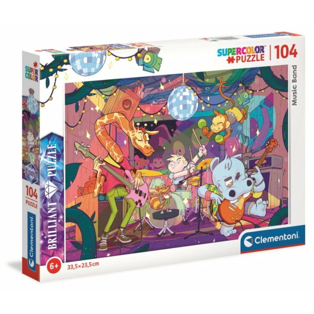 Puzzle Clementoni, 104 pezzi. Confezione con illustrazione di gruppo musicale. Dimensioni: 33,5 x 23,5 cm. Età: 6+. Puzzle Supercolor.