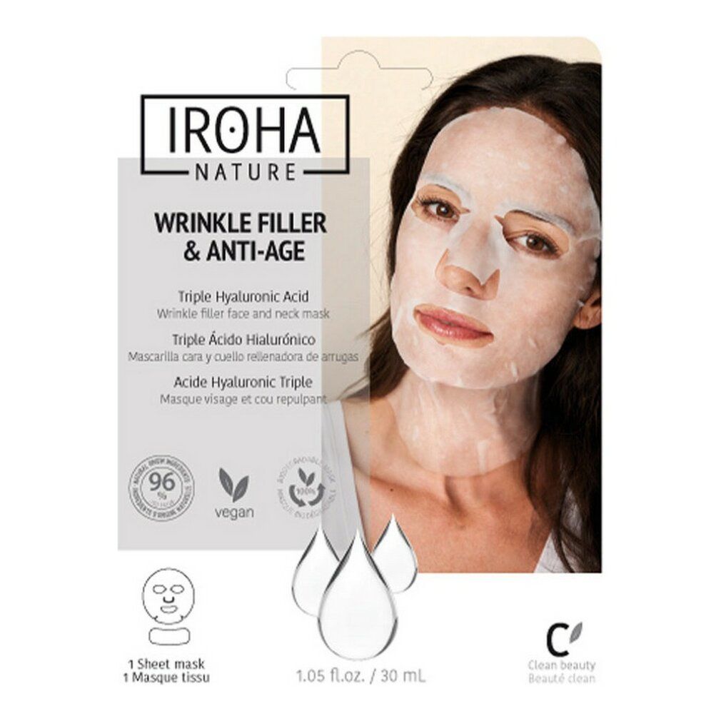 Maschera viso antirughe e anti-età. Confezione con donna che indossa la maschera. Marchio IROHA Nature.